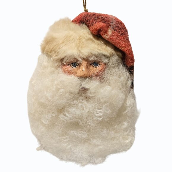 Vtg 7" Paper Mache Santa Face Ornament Wool Beard Rabbit Fur Trim Fabric Hat - Picture 1 of 10
